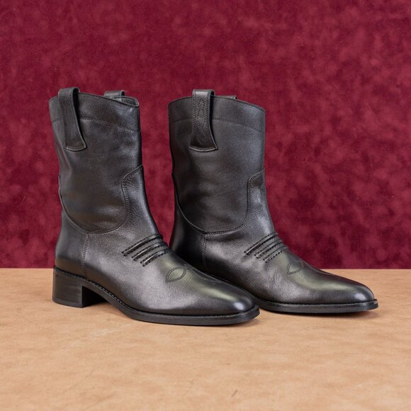 Bibi Lou Women Black Leather Cowboy Western Mid calf Boots sz 9US EUR39 - Picture 1 of 8